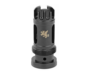 Black muzzle brake with griffin logo design.