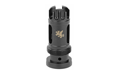 Black muzzle brake with griffin logo design.