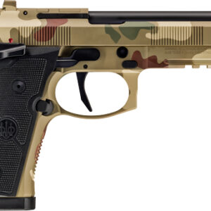Camouflaged semi-automatic handgun on a white background