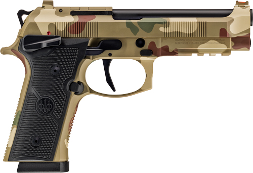 Camouflaged semi-automatic handgun on a white background
