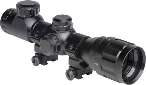 Black rifle scope with adjustment knobs.