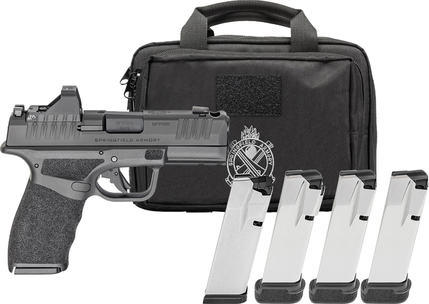 Springfield Armory handgun with accessories and case.