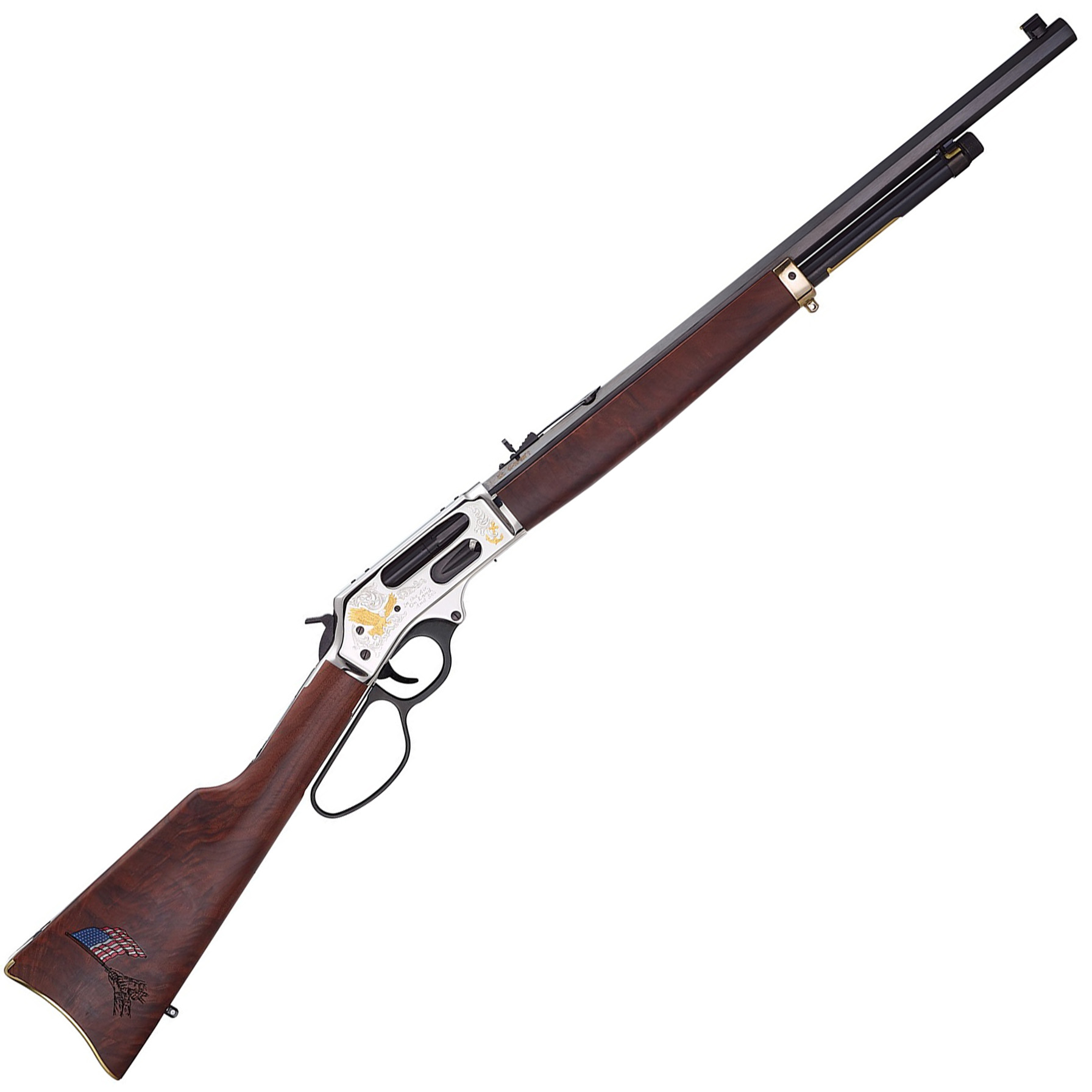 Lever-action rifle with decorative elements.