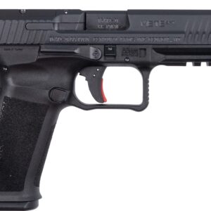 Black semi-automatic handgun on a white background.