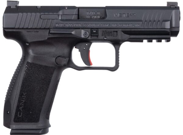 Black semi-automatic handgun on a white background.