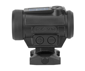 Black tactical sight with controls and mount.