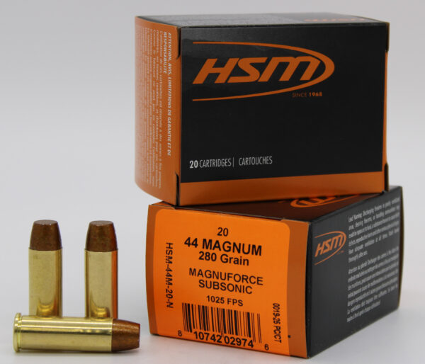 Box of HSM .44 Magnum ammunition with cartridges.