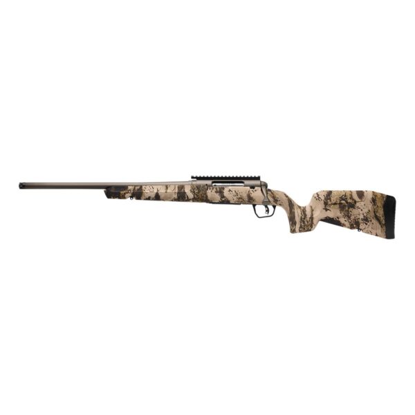 Camo-patterned rifle with a long barrel