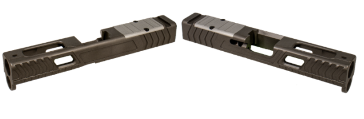 Two firearm slides in brown with texture.