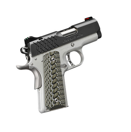 Silver and black semi-automatic handgun with textured grip.