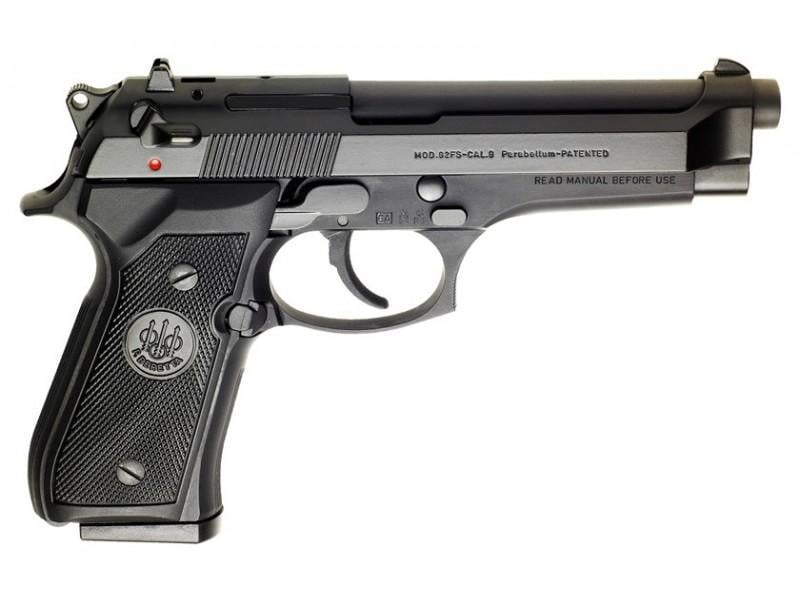Black semi-automatic pistol on white background.