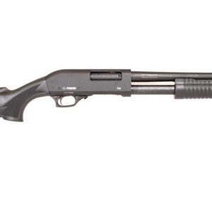 Side view of a black shotgun.