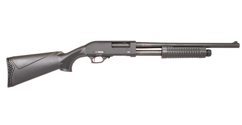 Side view of a black shotgun.