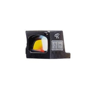 Compact red dot sight with colorful lens.