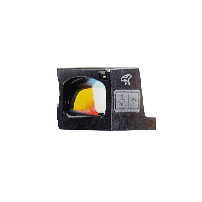 Compact red dot sight with colorful lens.