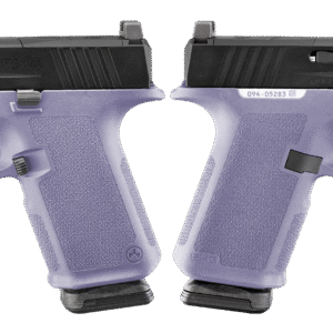 Purple semi-automatic pistol viewed from both sides