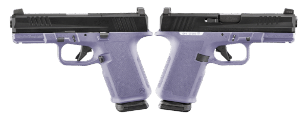 Purple semi-automatic pistol viewed from both sides