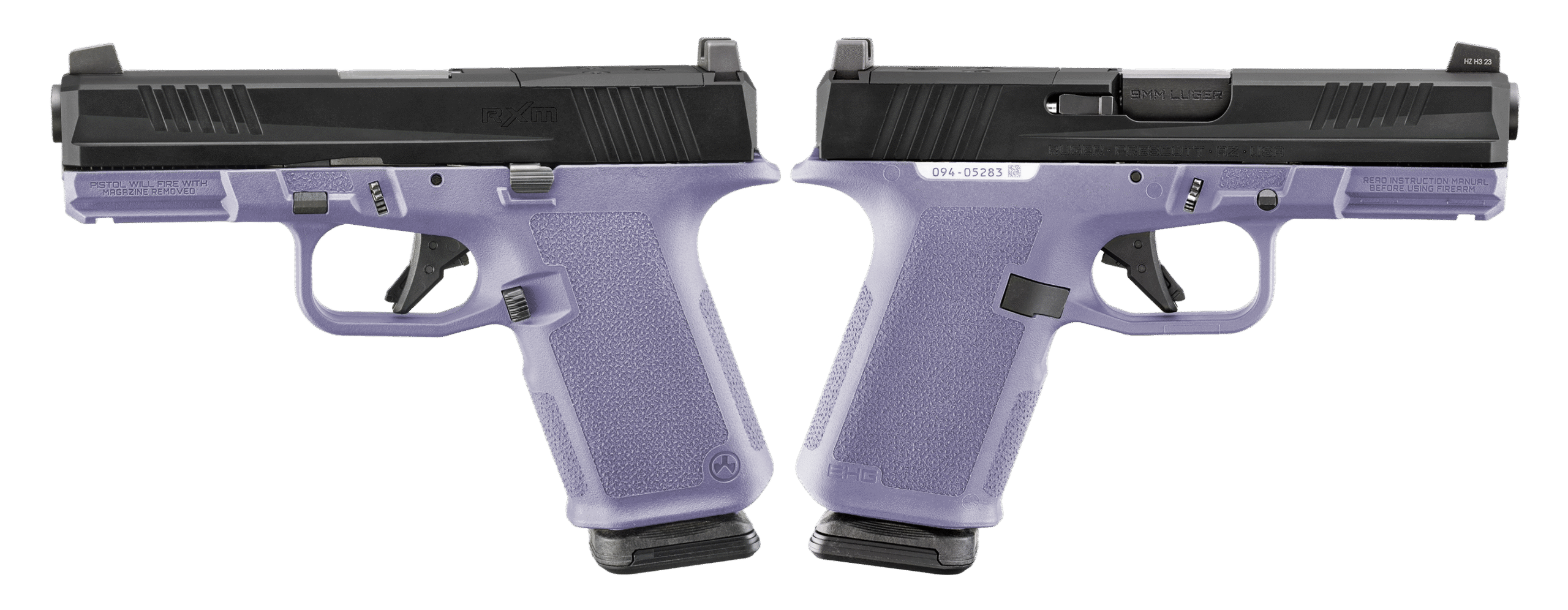 Purple semi-automatic pistol viewed from both sides