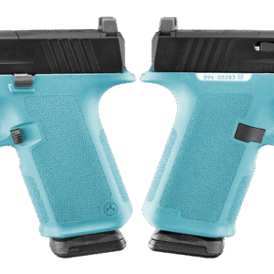 Two-tone pistols with blue grips displayed side-by-side.