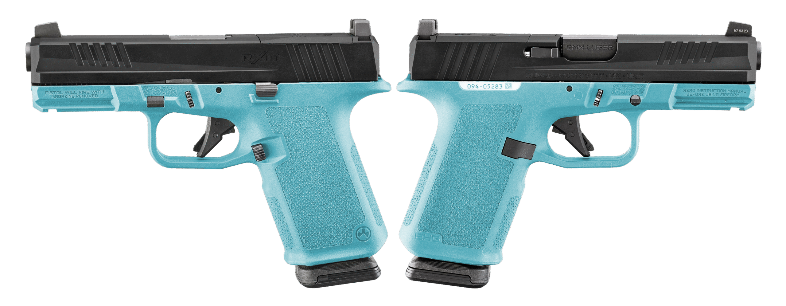 Two-tone pistols with blue grips displayed side-by-side.