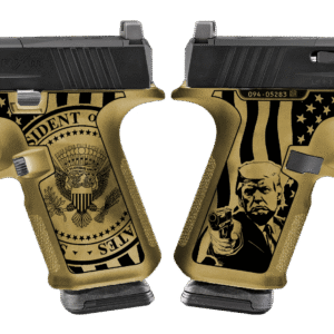 Stylized handguns with presidential designs and colors.