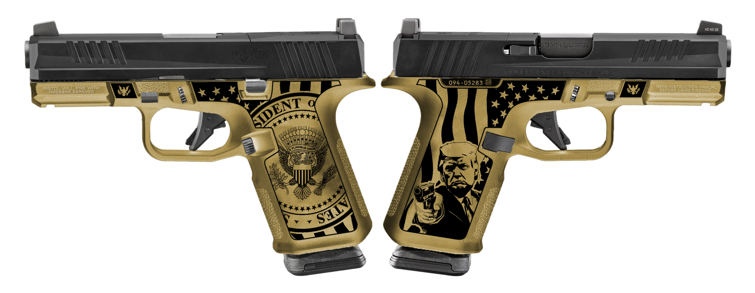 Stylized handguns with presidential designs and colors.