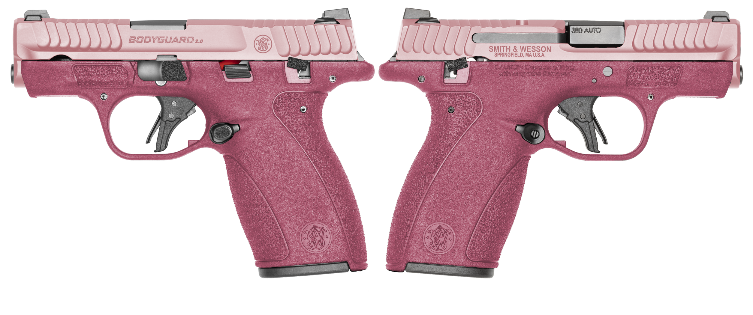 Pink Smith & Wesson Bodyguard handgun, side view.