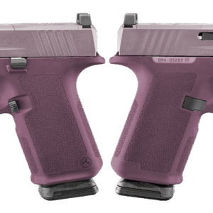 Purple handgun with visible safety features.