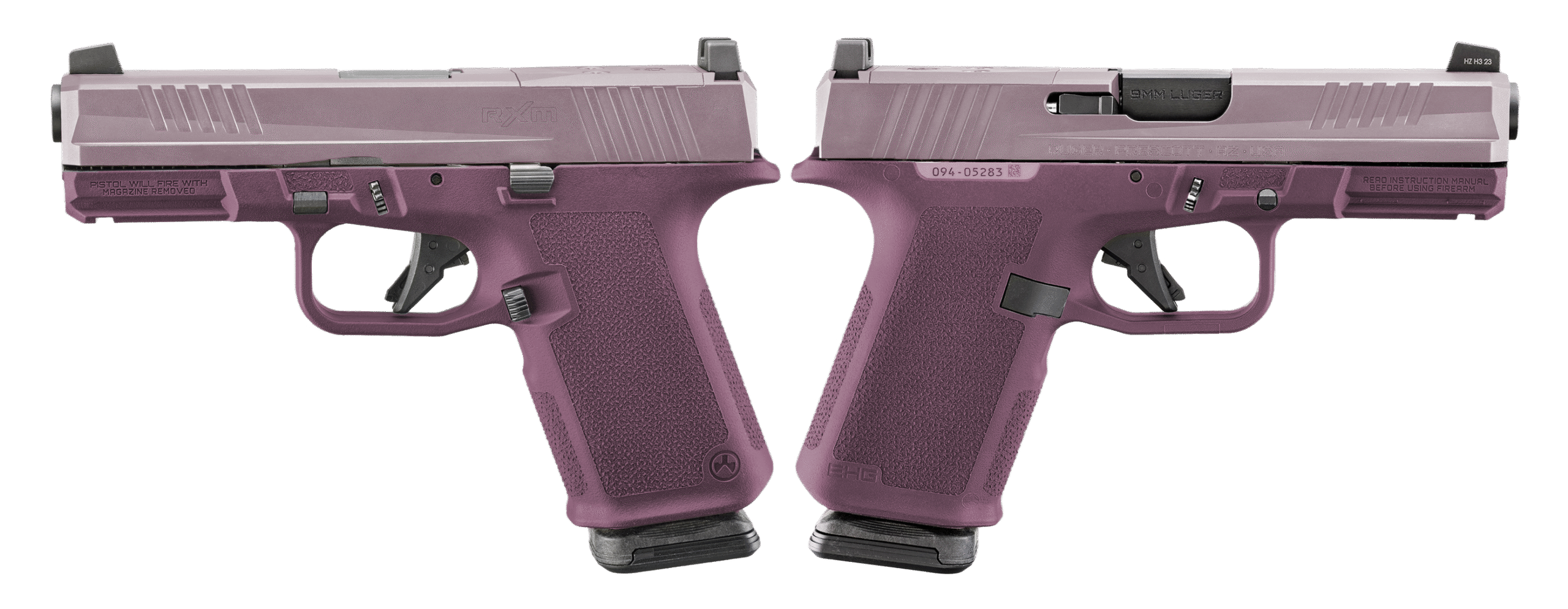 Purple handgun with visible safety features.