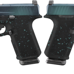 Two side-by-side modern handguns.