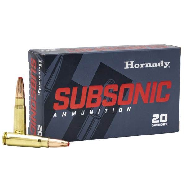 Hornady subsonic ammunition box with cartridges.