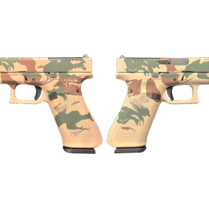 Camouflaged pistols displayed from multiple angles.