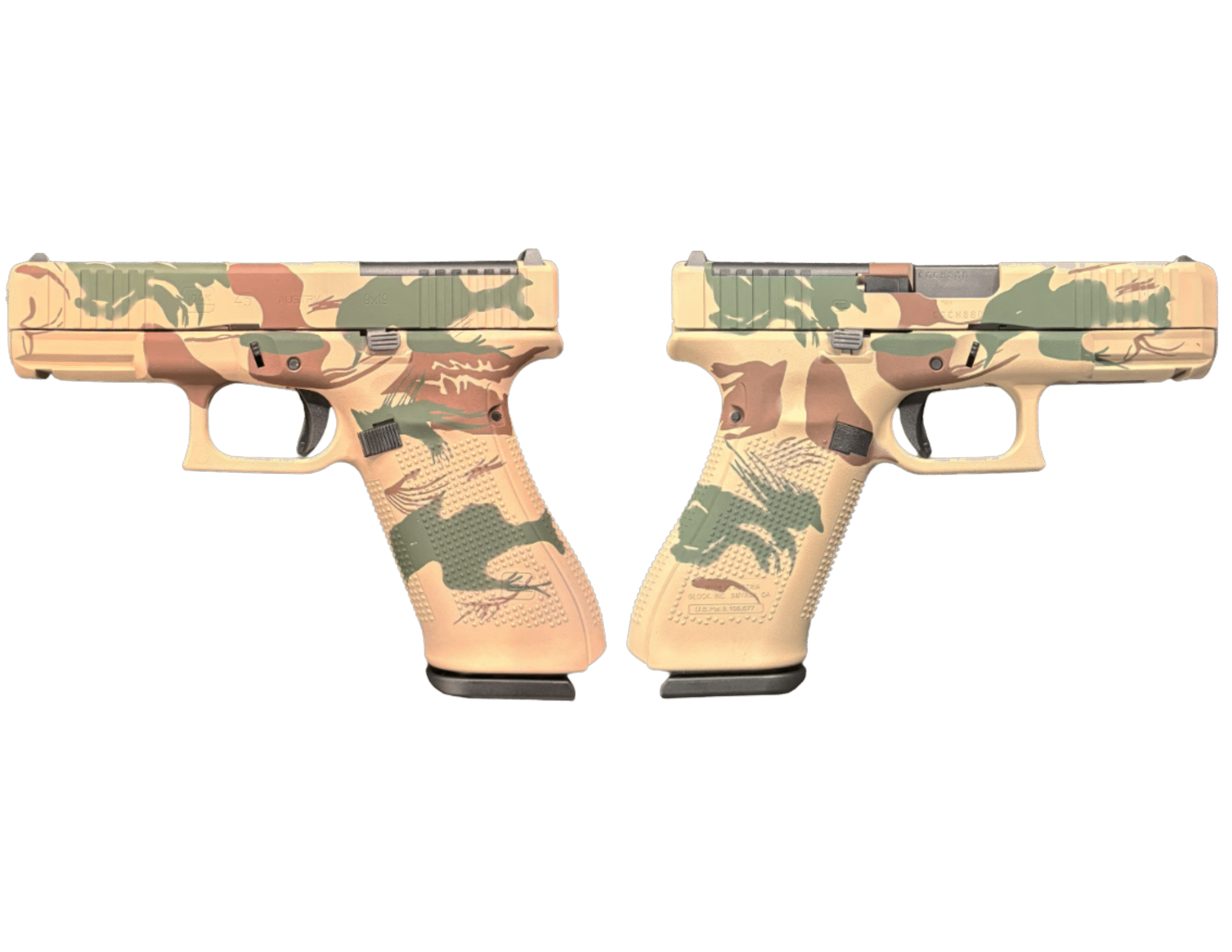Camouflaged pistols displayed from multiple angles.