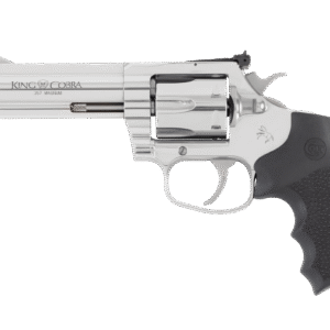 Silver revolver with black grip on white background.
