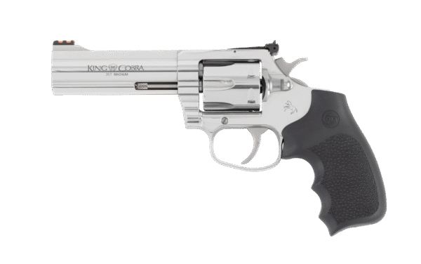 Silver revolver with black grip on white background.