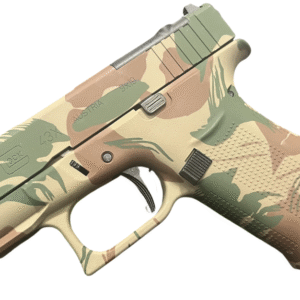Camouflaged Glock 43X handgun on a white background.