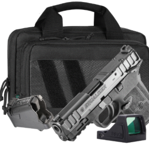 Handgun with accessory kit and carrying case.