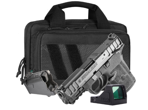 Handgun with accessory kit and carrying case.