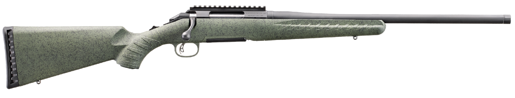Side view of a green hunting rifle.