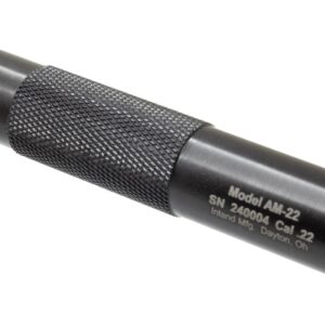 Close-up of a black firearm suppressor.