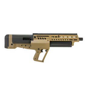 Tan tactical firearm with modern design features.