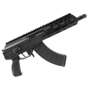 Black semi-automatic rifle on a white background