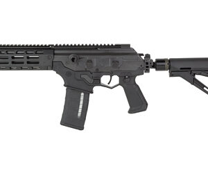 Black semi-automatic firearm on white background.