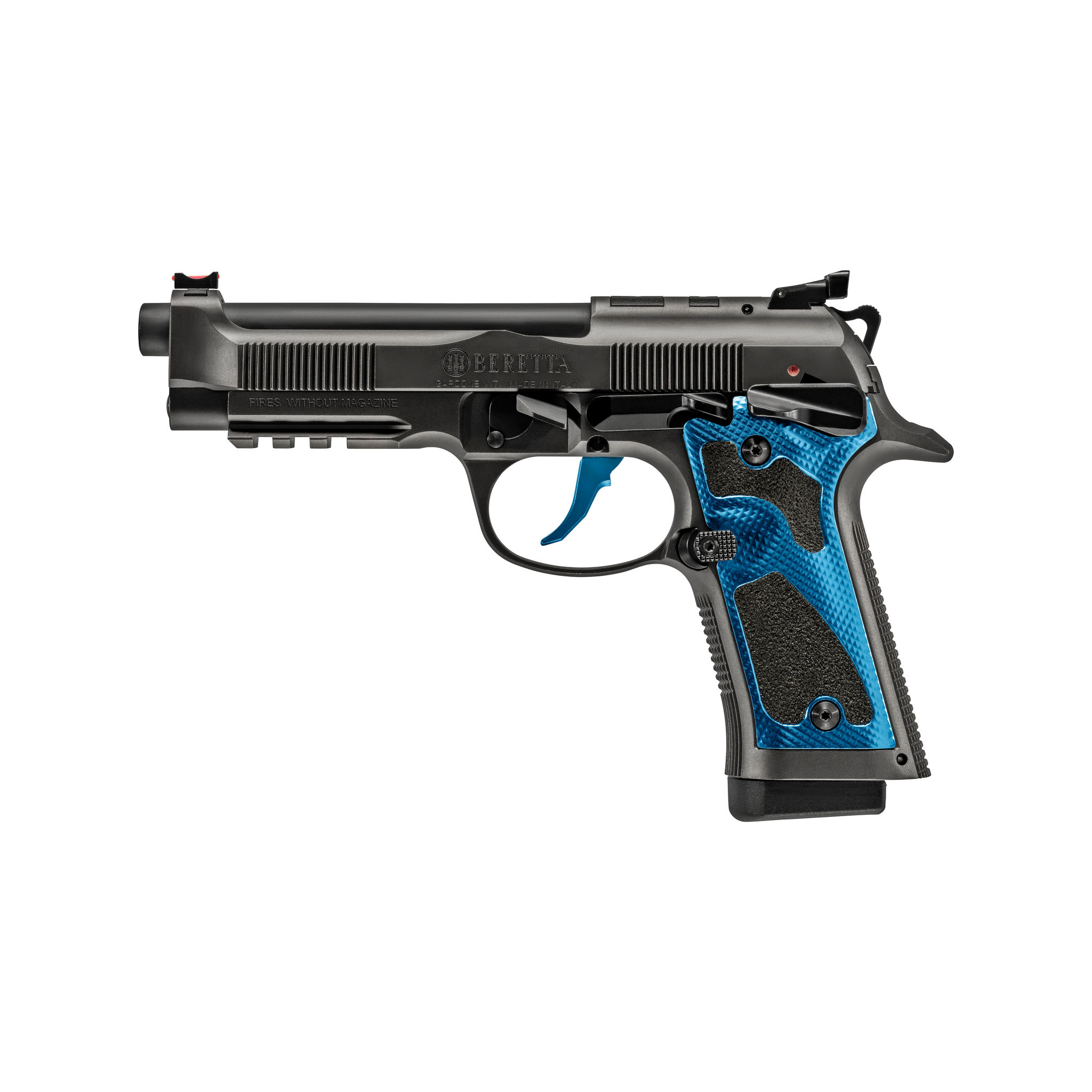 Black and blue semi-automatic handgun on white background.