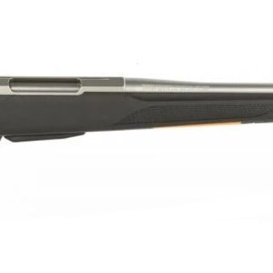 Side view of a black bolt-action rifle.