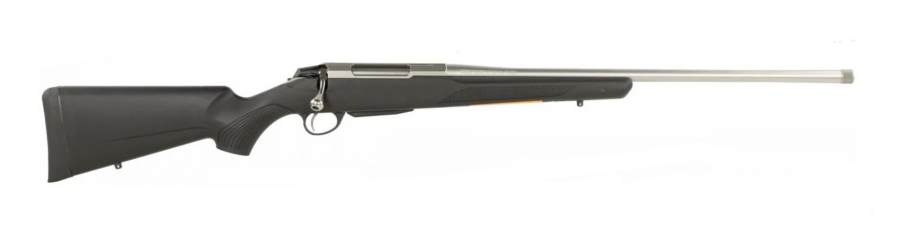 Side view of a black bolt-action rifle.