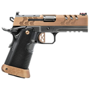 Side view of a modern handgun with intricate design.