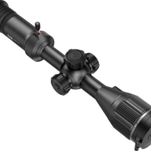 Black rifle scope with adjustable features.