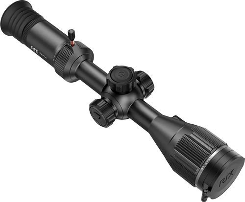 Black rifle scope with adjustable features.