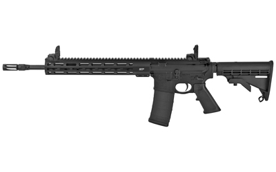 Black modern rifle with tactical features.